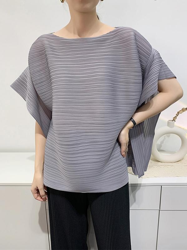 Batwing Sleeves Loose Pleated Solid Color Round-Neck T-Shirts Tops Product Image