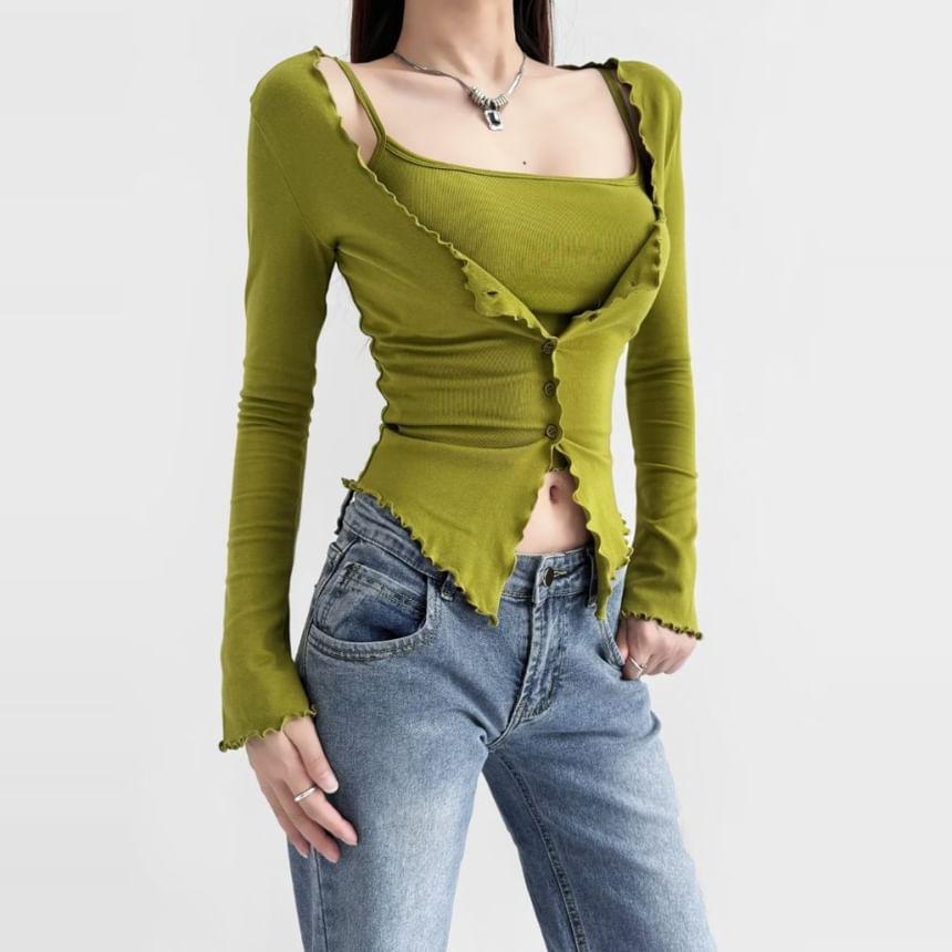 Set: Scoop Neck Plain Crop Cami Top + Lettuce Edge Button-Up Cardigan Product Image