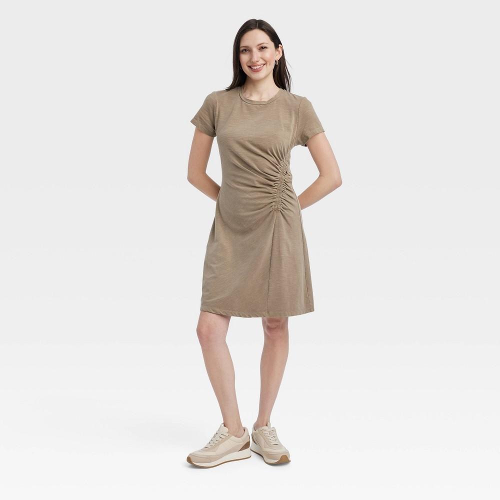 Womens Short Sleeve Ruched Knit Mini T-Shirt Dress - Universal Thread Brown M Product Image