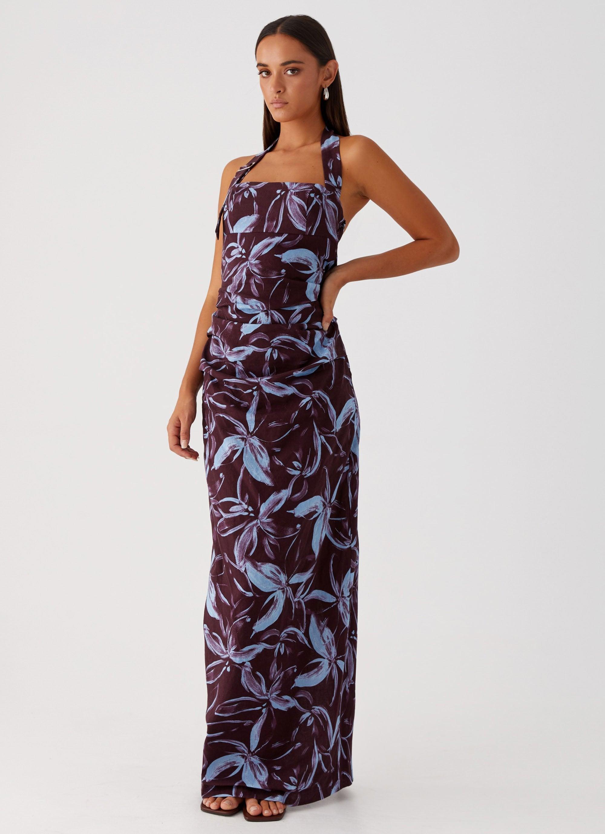 Fauna Halter Maxi Dress - Brown Purple Floral product image