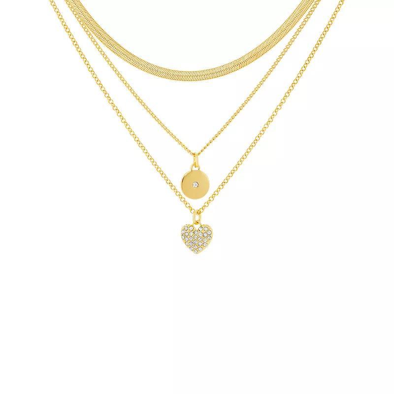 Emberly Gold Tone Pave Cubic Zirconia Chain, Disc and Heart Pendant Triple Layered Necklace, Womens, Yellow Gold Tone Product Image