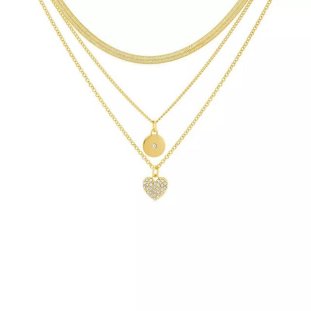 Emberly Gold Tone Pave Cubic Zirconia Chain, Disc and Heart Pendant Triple Layered Necklace, Womens, Yellow Product Image