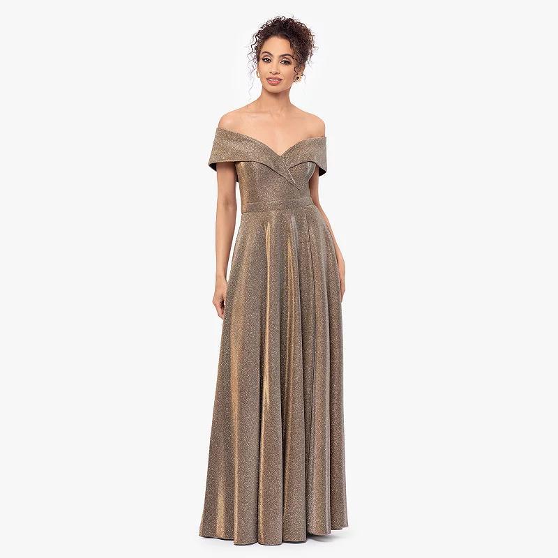 Womens X Evenings Off The Shoulder Long Glitter Evening Gown Brown Product Image