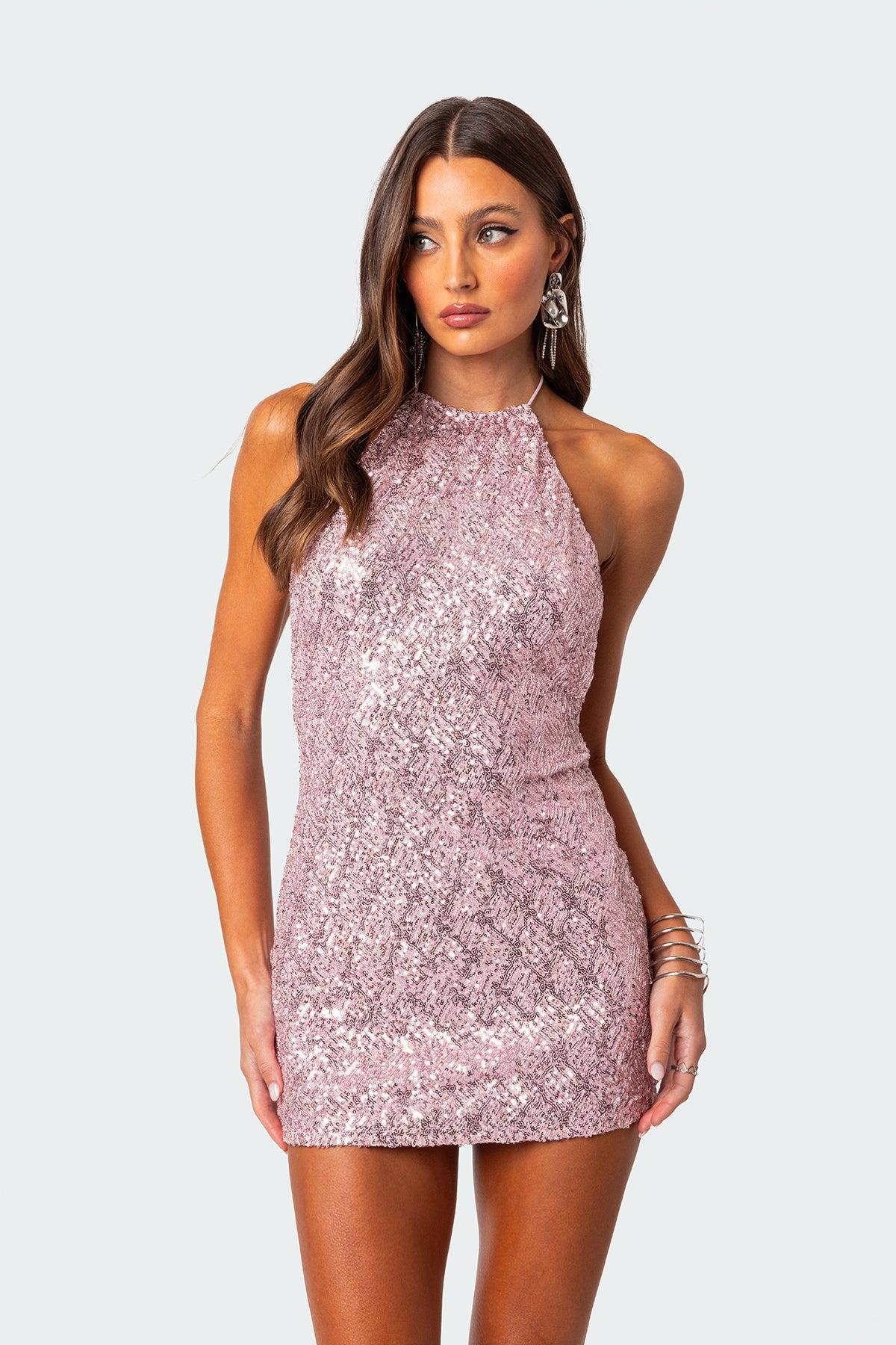 Sequin Open Back Halter Mini Dress Product Image