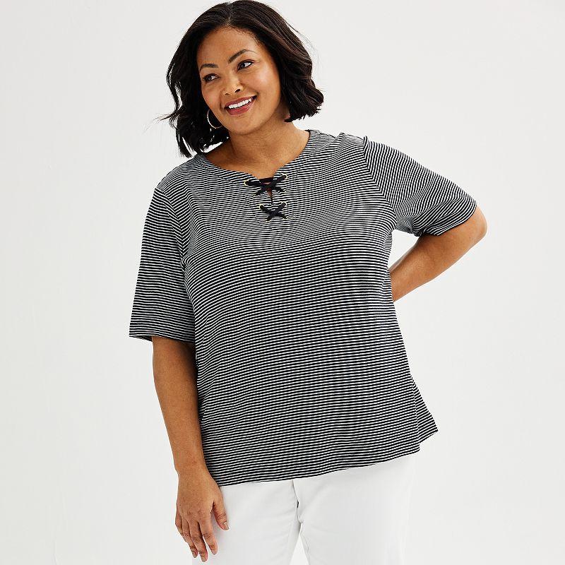 Plus Size Croft & Barrow Lace-Up Split Neck Top, Womens Product Image