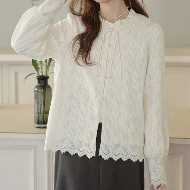 Long-Sleeve Round Neck Frill Trim Frog Button Blouse Product Image