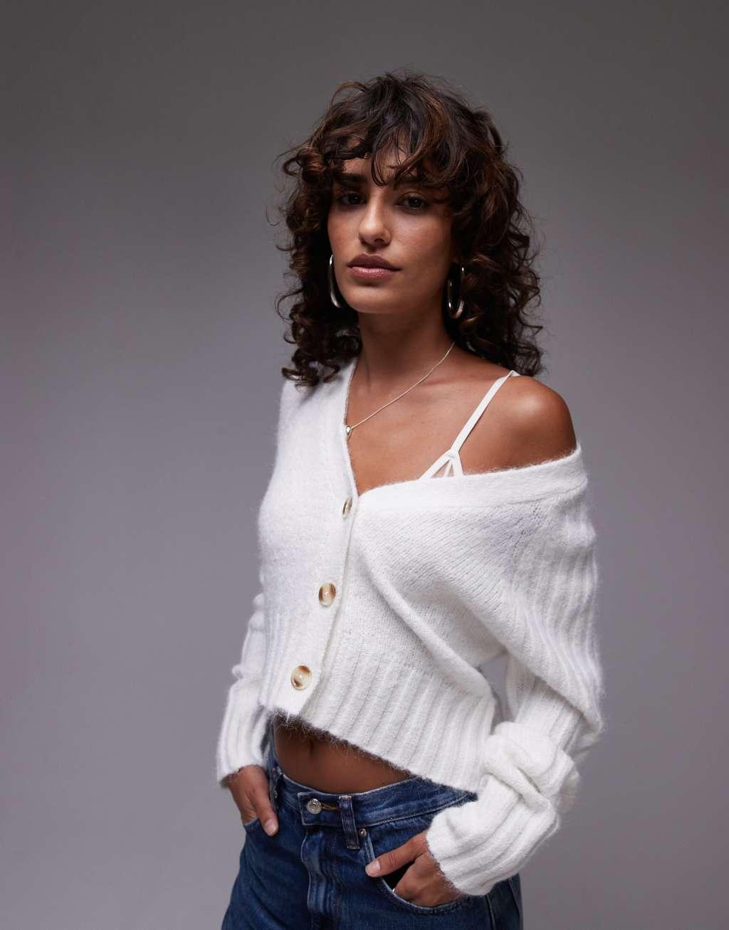 Topshop knitted v-neck rib detail cardi in cream product image