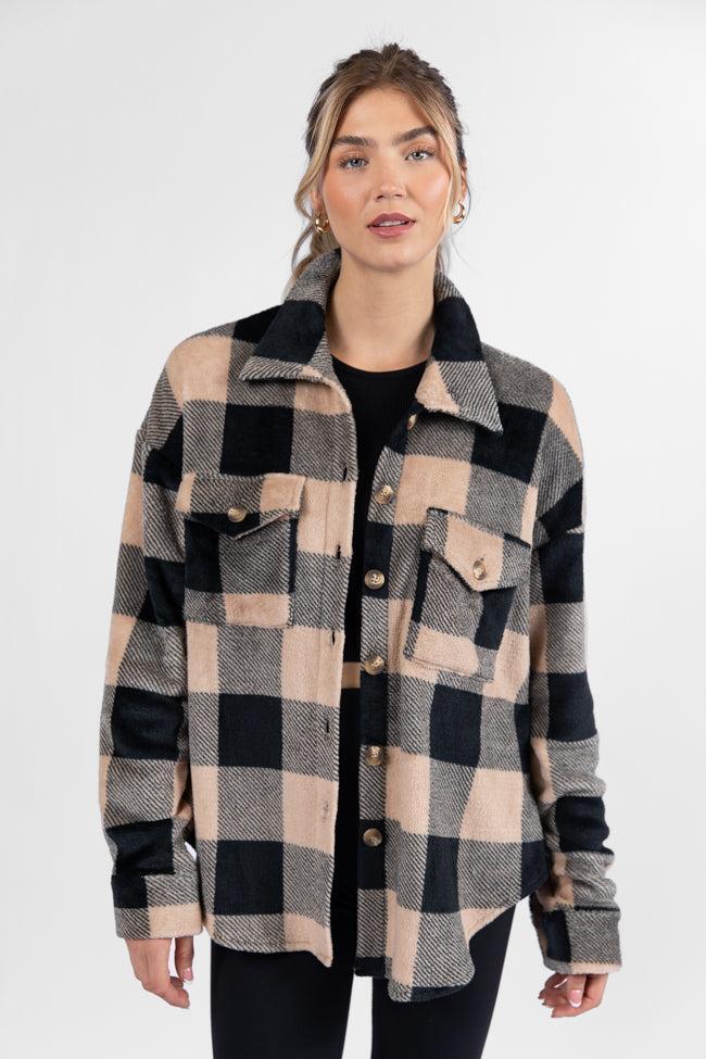 Wind Down Black and Tan Fleece Plaid Shacket SALE Product Image