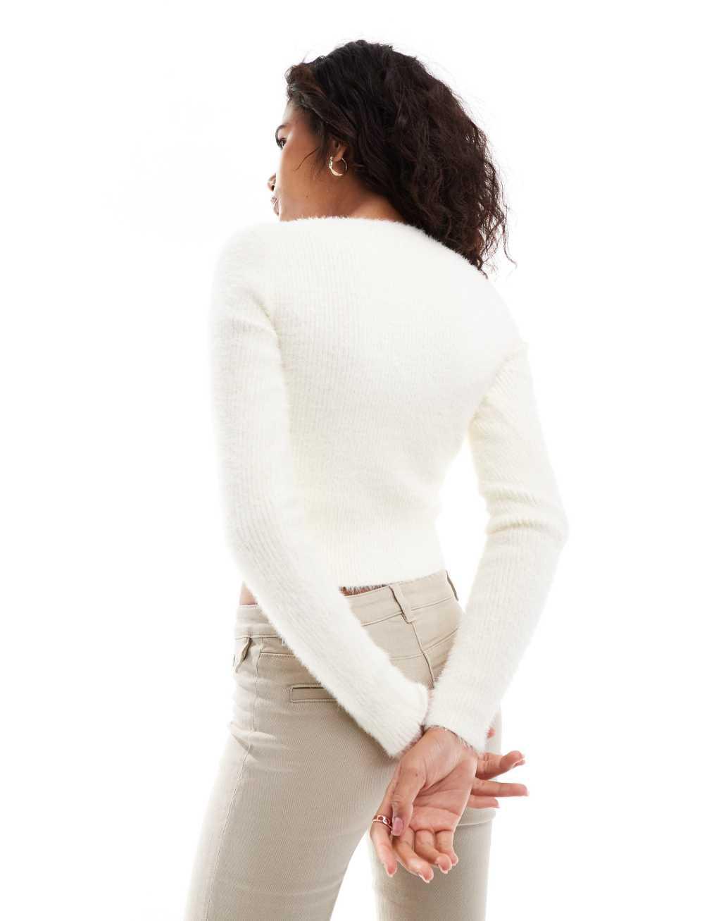 Glamorous square neck lightweight ribbed knit sweater in cream Product Image