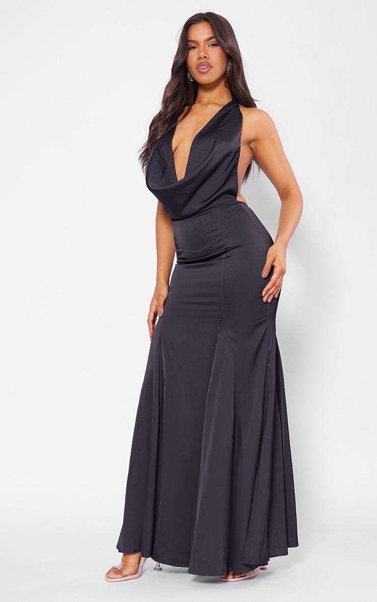 Black Satin Extreme Cowl Neck Maxi Dress Product Image