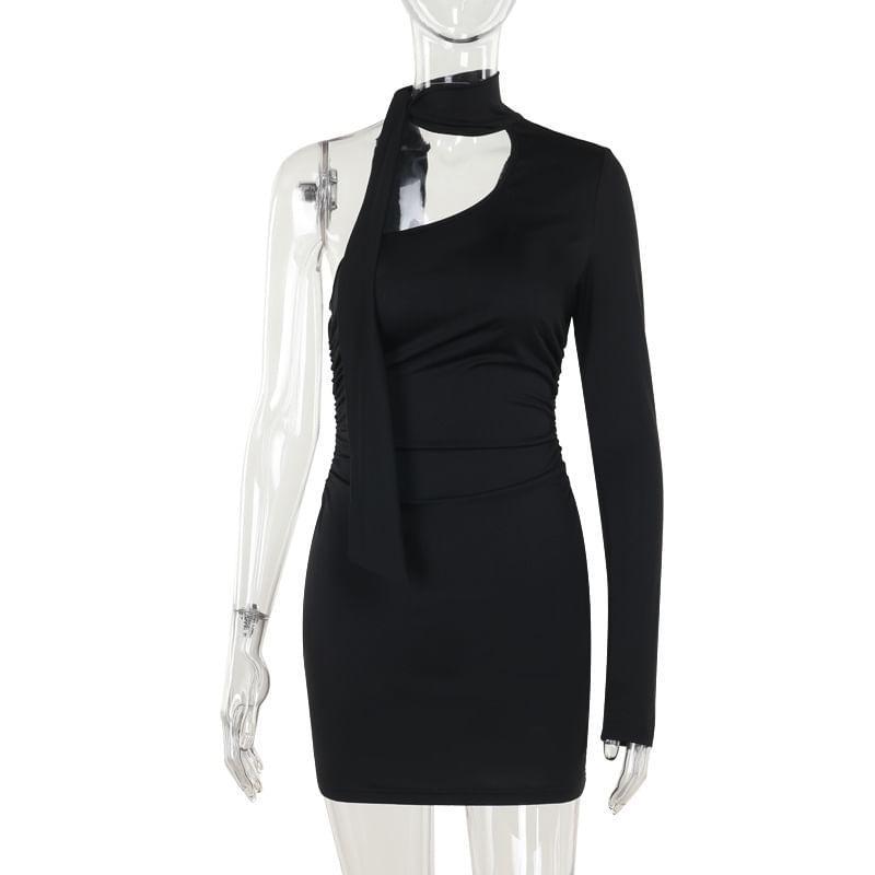 Long Sleeve One Shoulder Tie Neck Plain Mini Sheath Dress Product Image