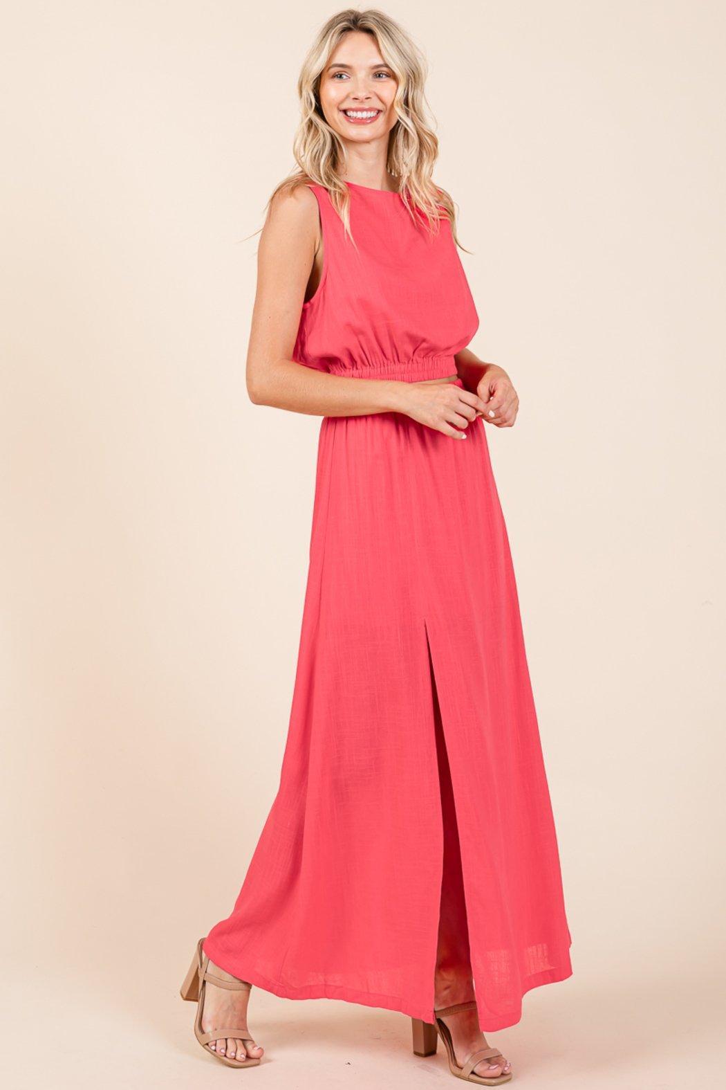 Linen Crop Top And Split Thigh Maxi Skirt Set Product Image