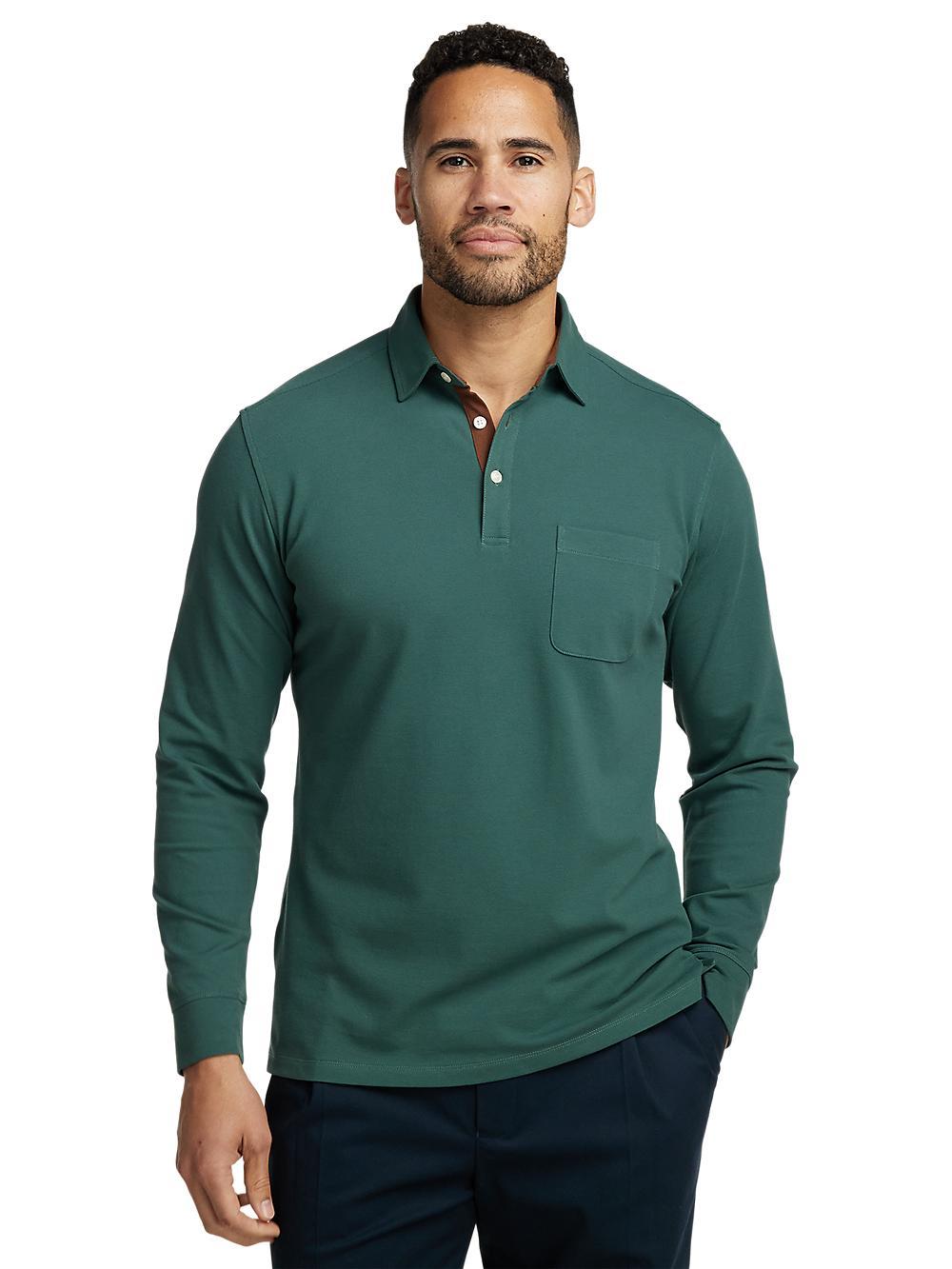 Cotton/Spandex Pique Three Button Polo - Green Product Image