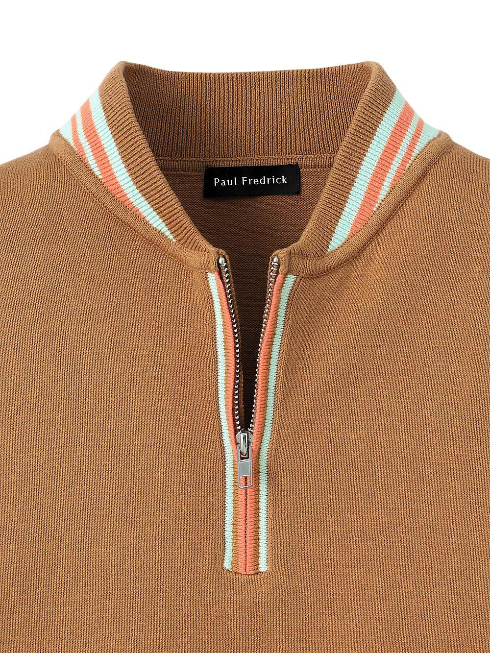 Cotton Quarter Zip Crew Neck Sweater - Brown Product Image