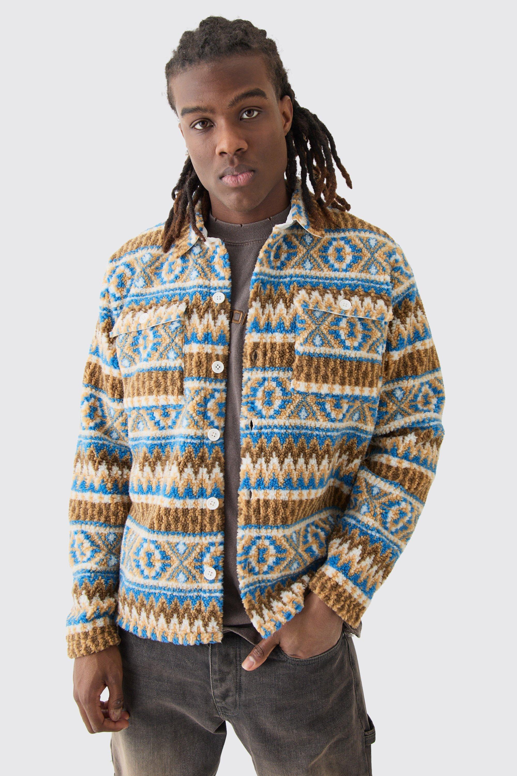 Borg Patch Pocket Stripe Aztec Overshirt | boohooMAN USA Product Image