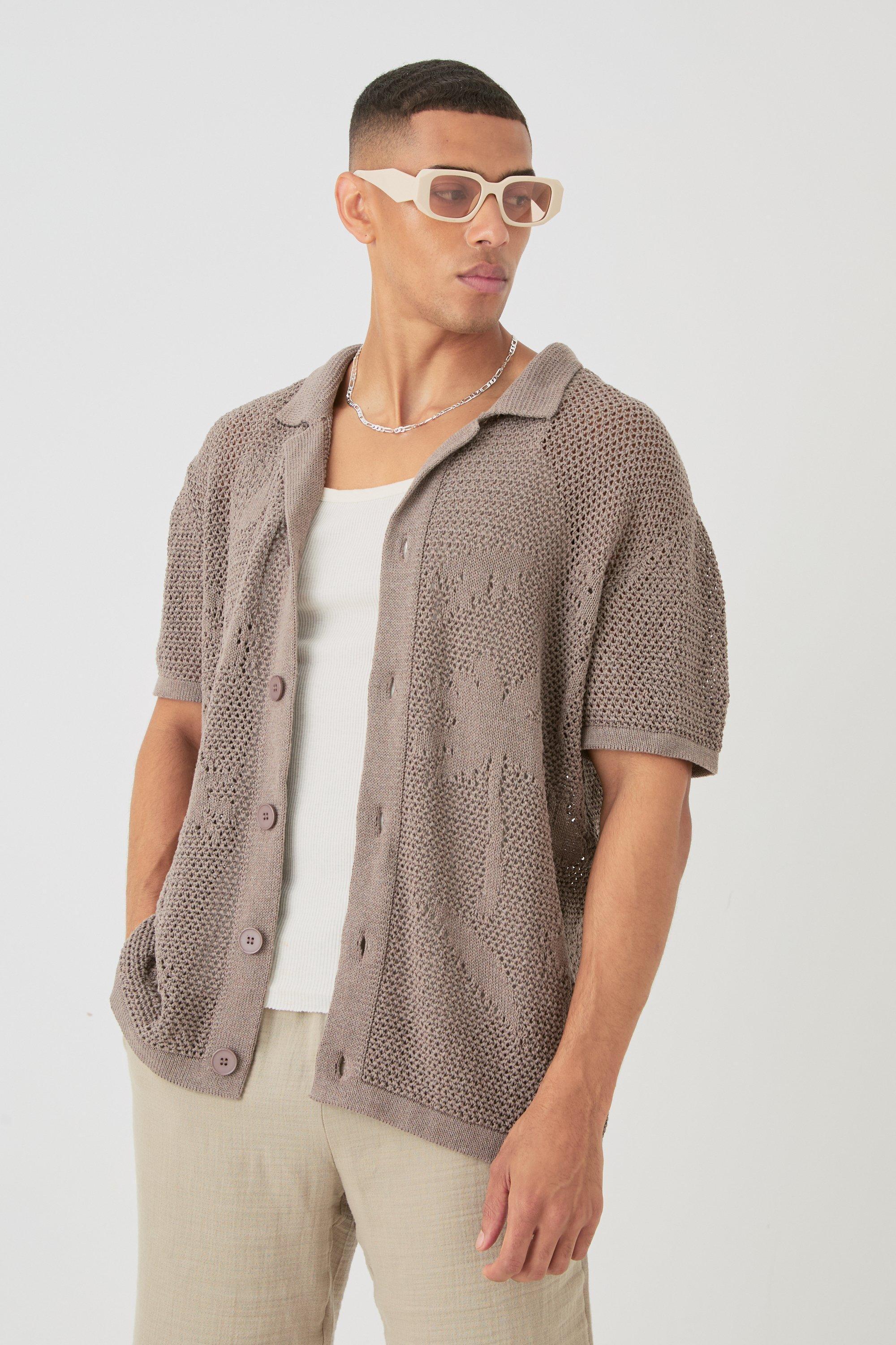 Boxy Oversized Open Stitch Tonal Palm Intarsia Short Sleeve Knit Shirt | boohooMAN USA Product Image