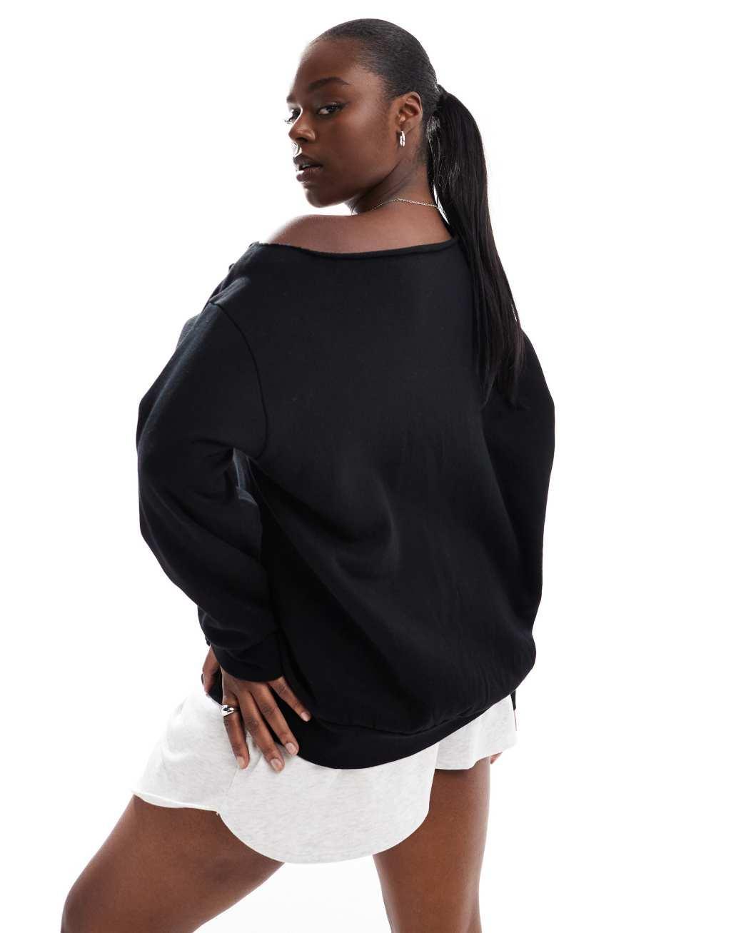 ASOS DESIGN Curve off the shoulder oversized sweatshirt in black Product Image