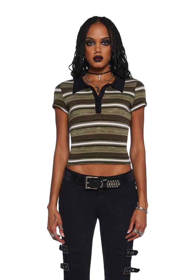 Widow Grunge Stretchy Ribbed Knit Striped Cropped Collared Short Sleeve Top - Multi Product Image