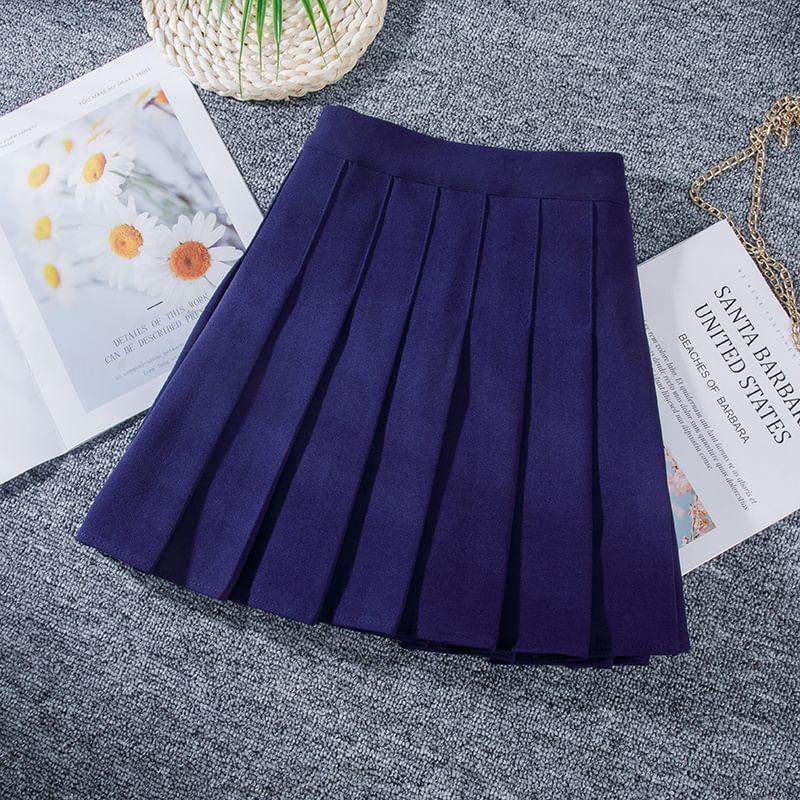 High Waist Plain A-Line Pleated Skirt Product Image