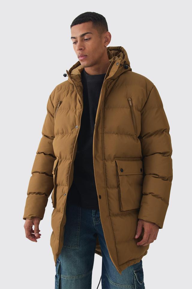 Mens Green Mid Length Hooded Puffer Parka In Olive, Green Product Image