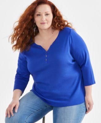 Plus Size 3/4-Sleeve Cotton Henley Top, Created for Macy's  Product Image