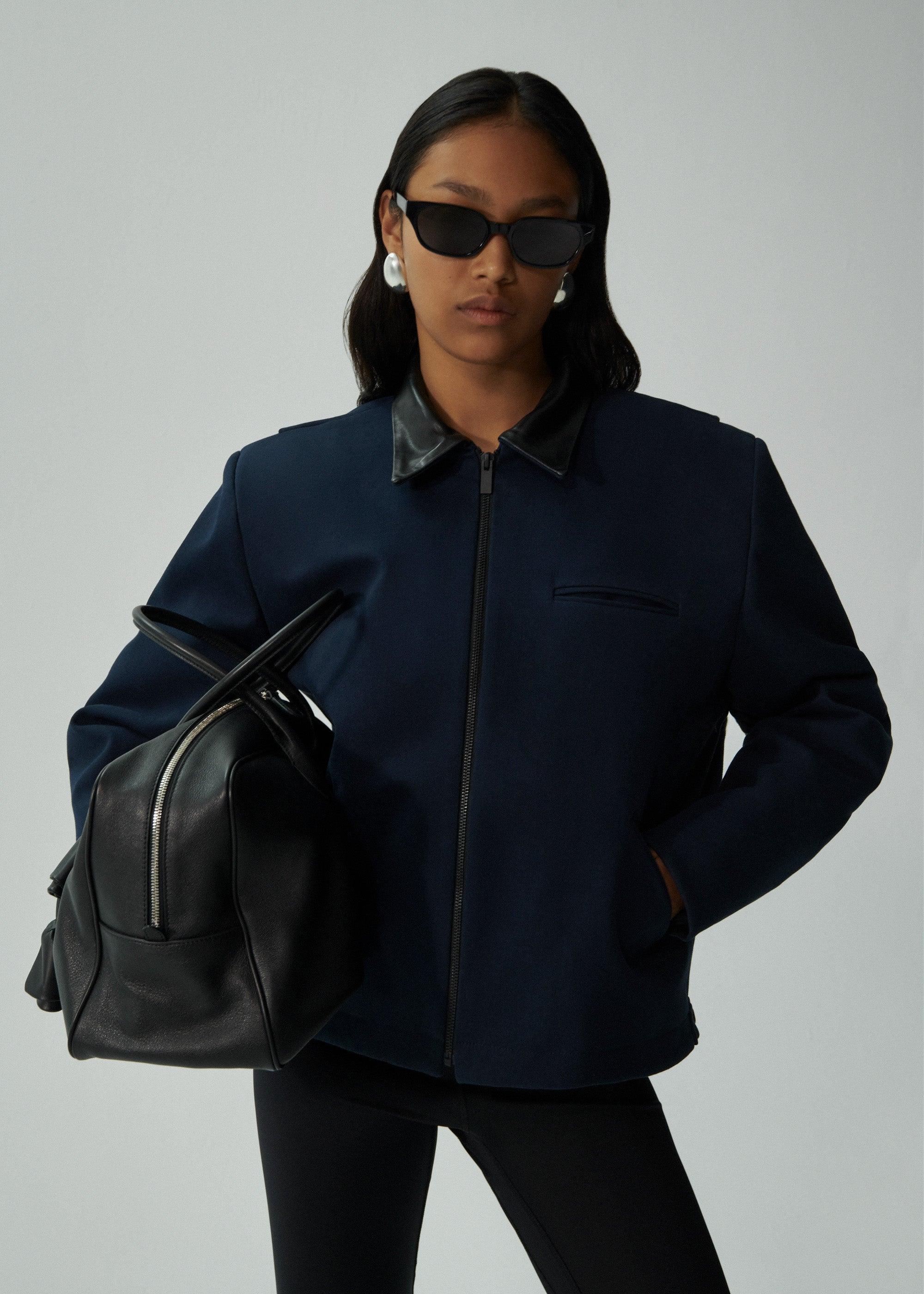 Leather trim bomber jacket in navy Product Image