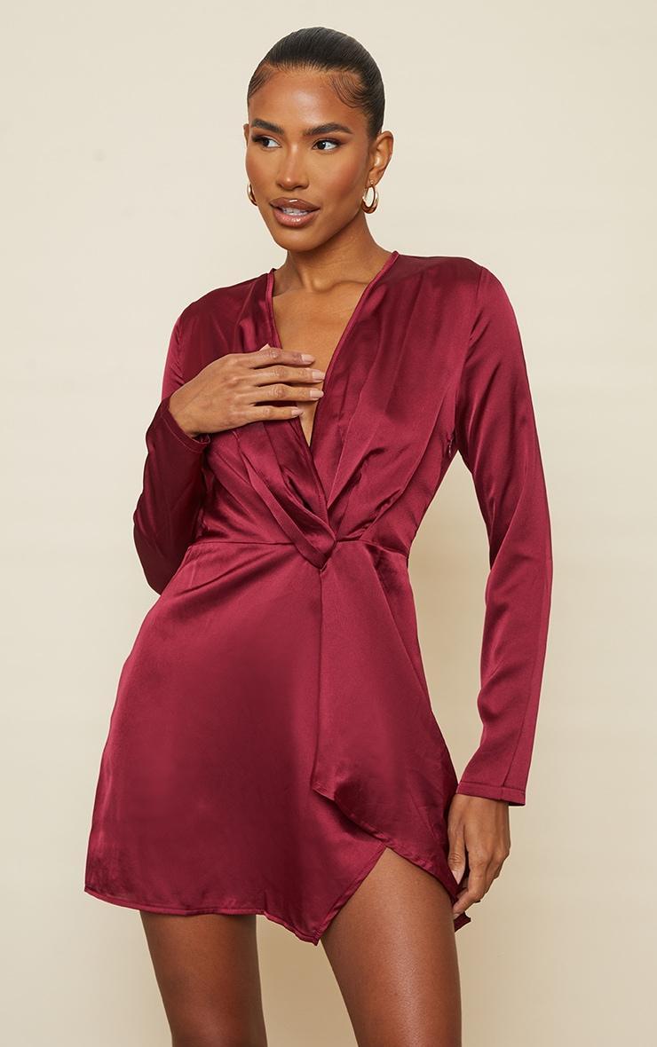 Burgundy Satin Long Sleeve Wrap Dress Product Image