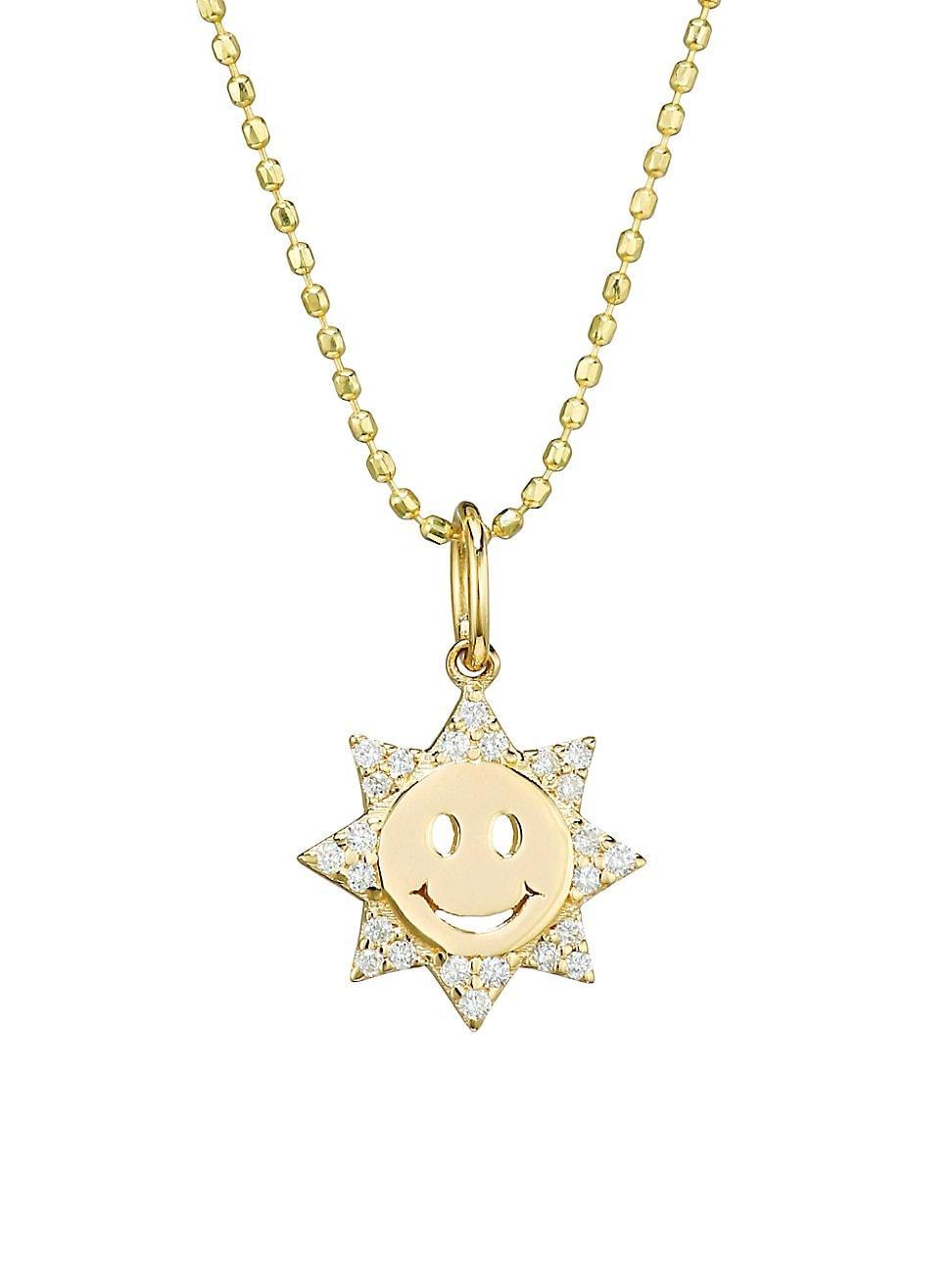 Womens 14K Yellow Gold & Diamond Happy Face Sun Charm Necklace Product Image