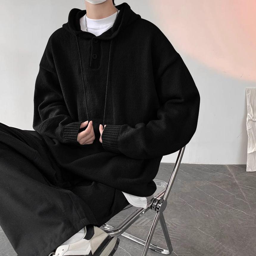 Henley Plain Hooded Oversized Sweater Product Image