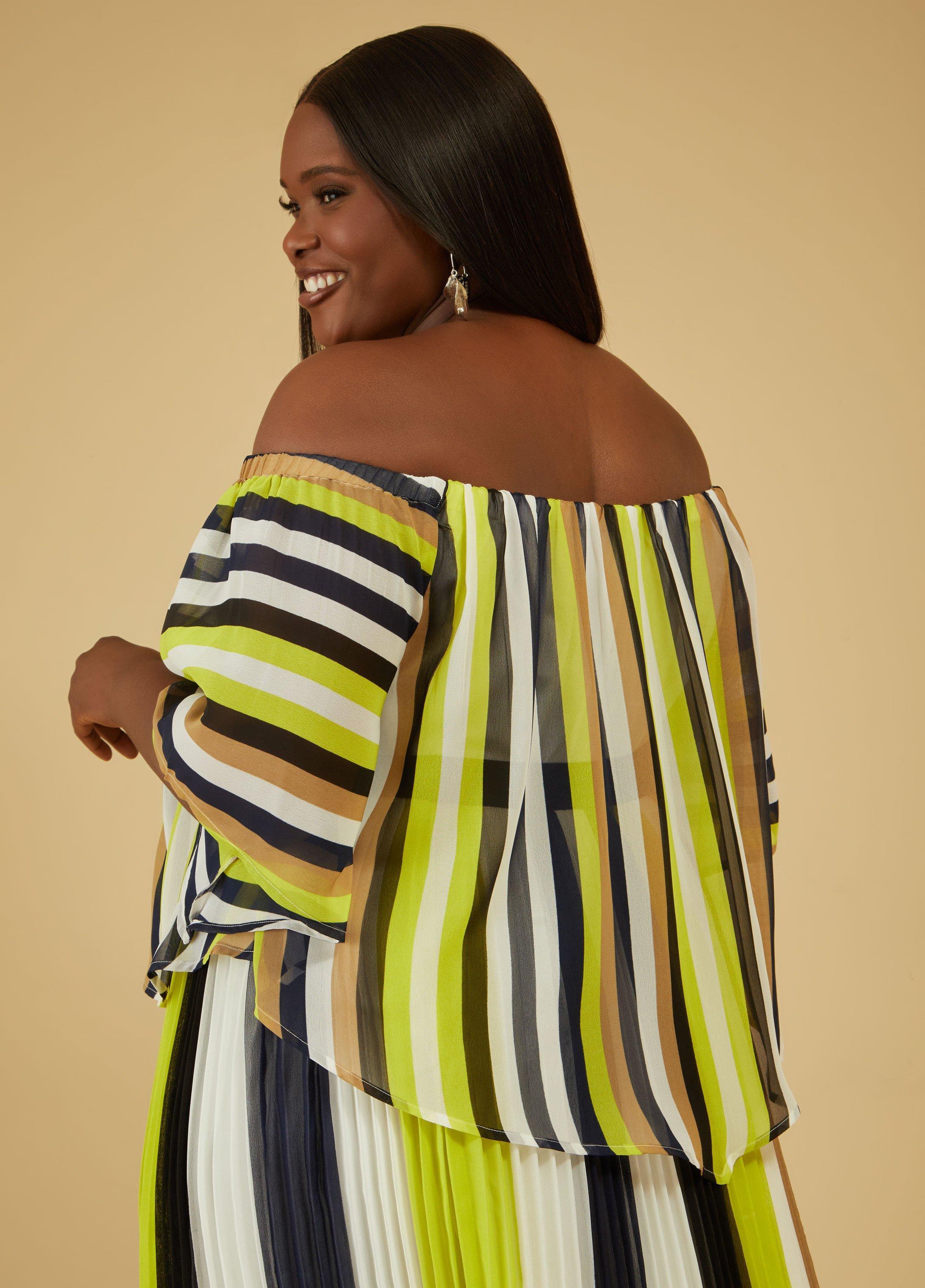 Plus Size Pleated Striped Midi Skirt Ashley Stewart Product Image