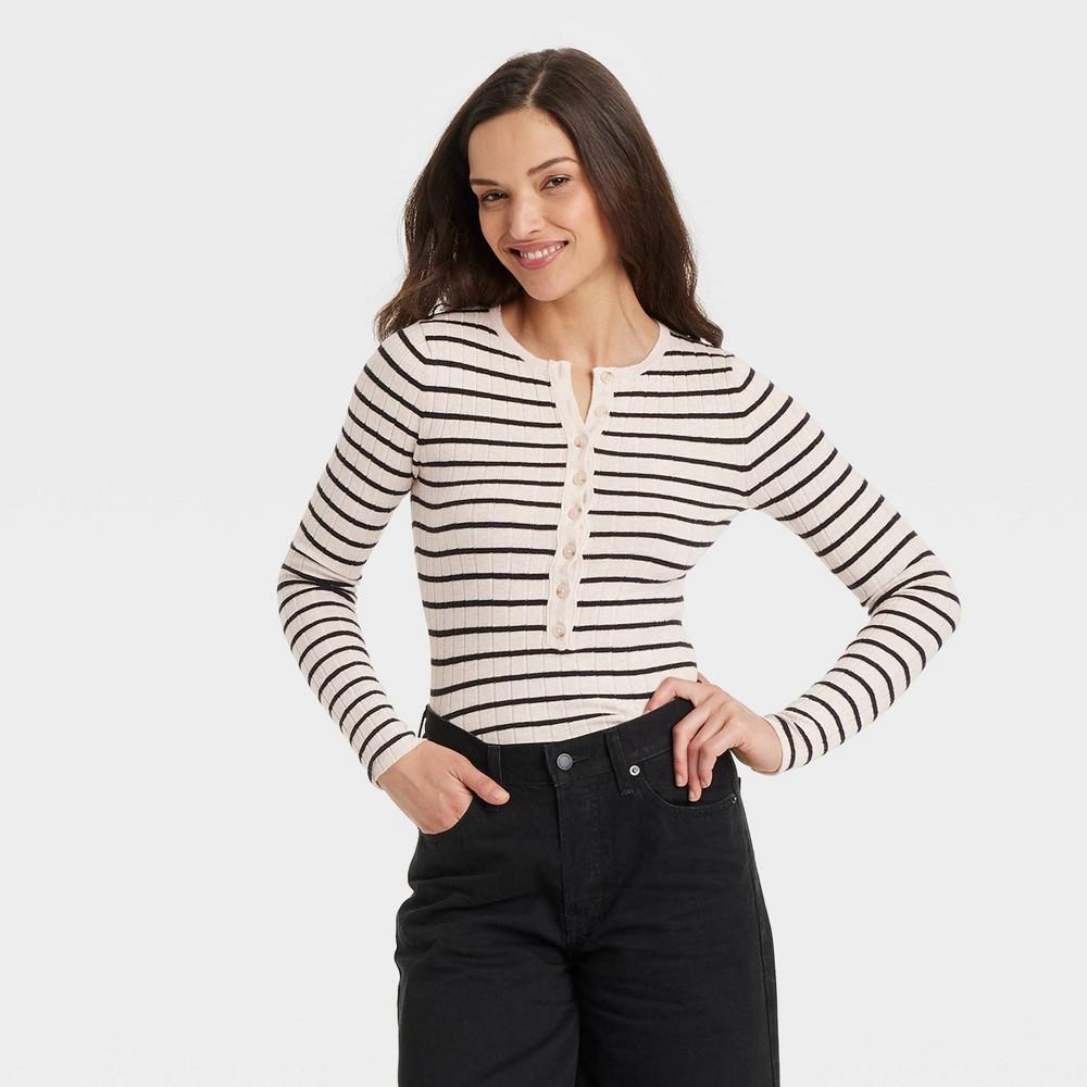 Womens Henley Pullover Sweater - Universal Thread Striped M Product Image