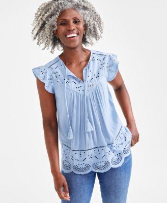 Style & Co Petite Lace-Trim Mixed Media Top, Created for Macys Product Image