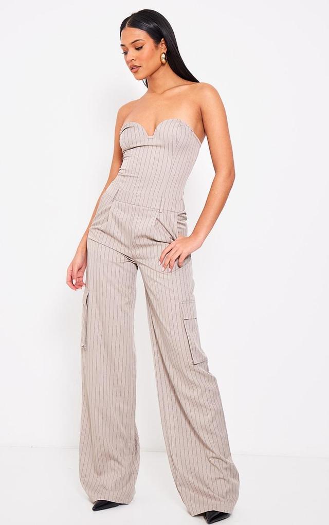 Tall Mocha Pinstripe Bandeau Wide Leg Jumpsuit Product Image