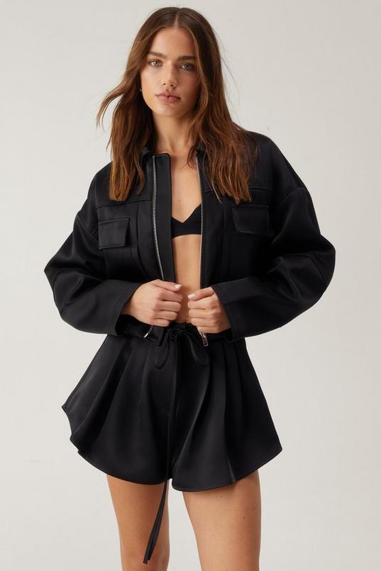 Premium Satin Tailored Structured Sleeve Cropped Bomber Jacket product image