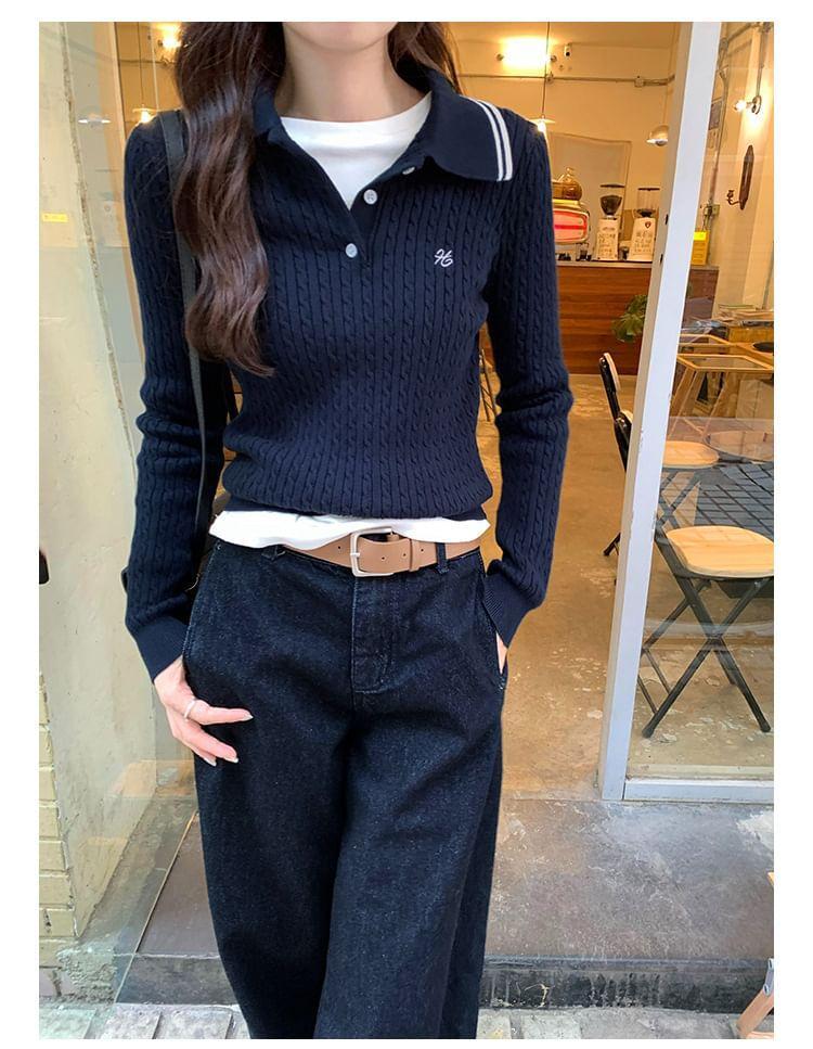 Collar Letter Embroidered Cable-Knit Sweater Product Image