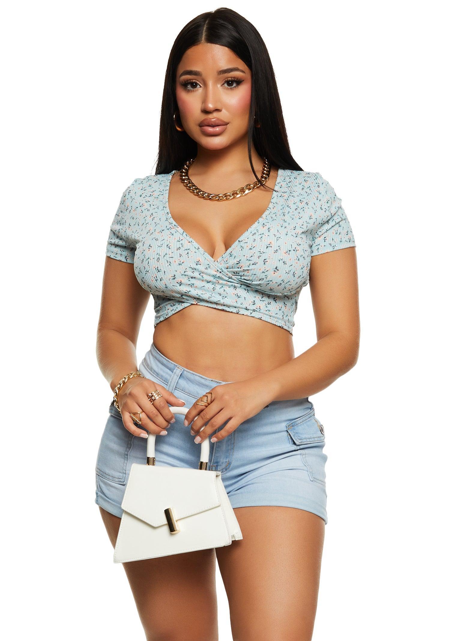 Womens Ribbed Floral Print Twist Front Crop Top Product Image