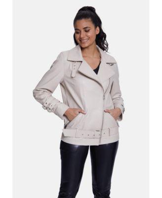 Furniq Uk Womens Genuine Leather Belted Biker Jacket,Nappa Beige product image