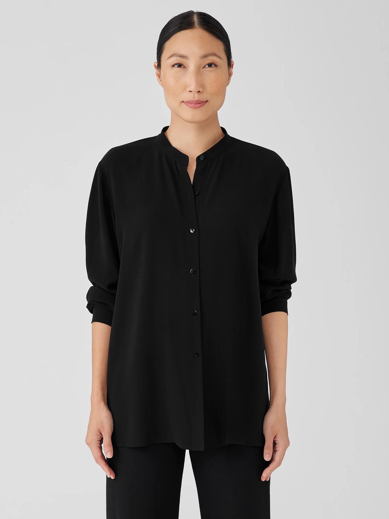 EILEEN FISHER Silk Georgette Crepe Mandarin Collar Shirtfemale Product Image