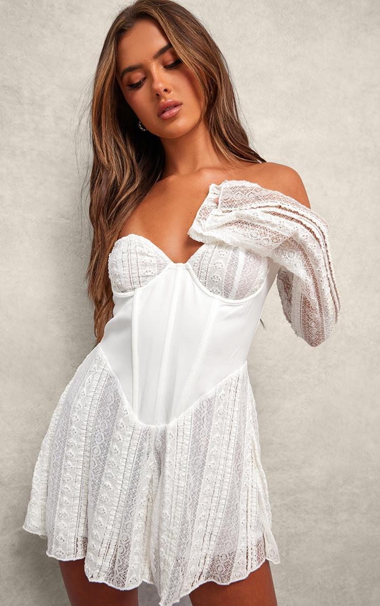 Cream Textured Lace Corset Detail Long Sleeve Romper Product Image