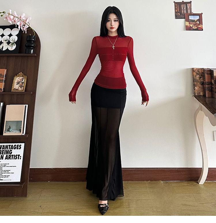 Long-Sleeve Mock Neck Cross Rhinestone Mesh Slim Fit Top Product Image