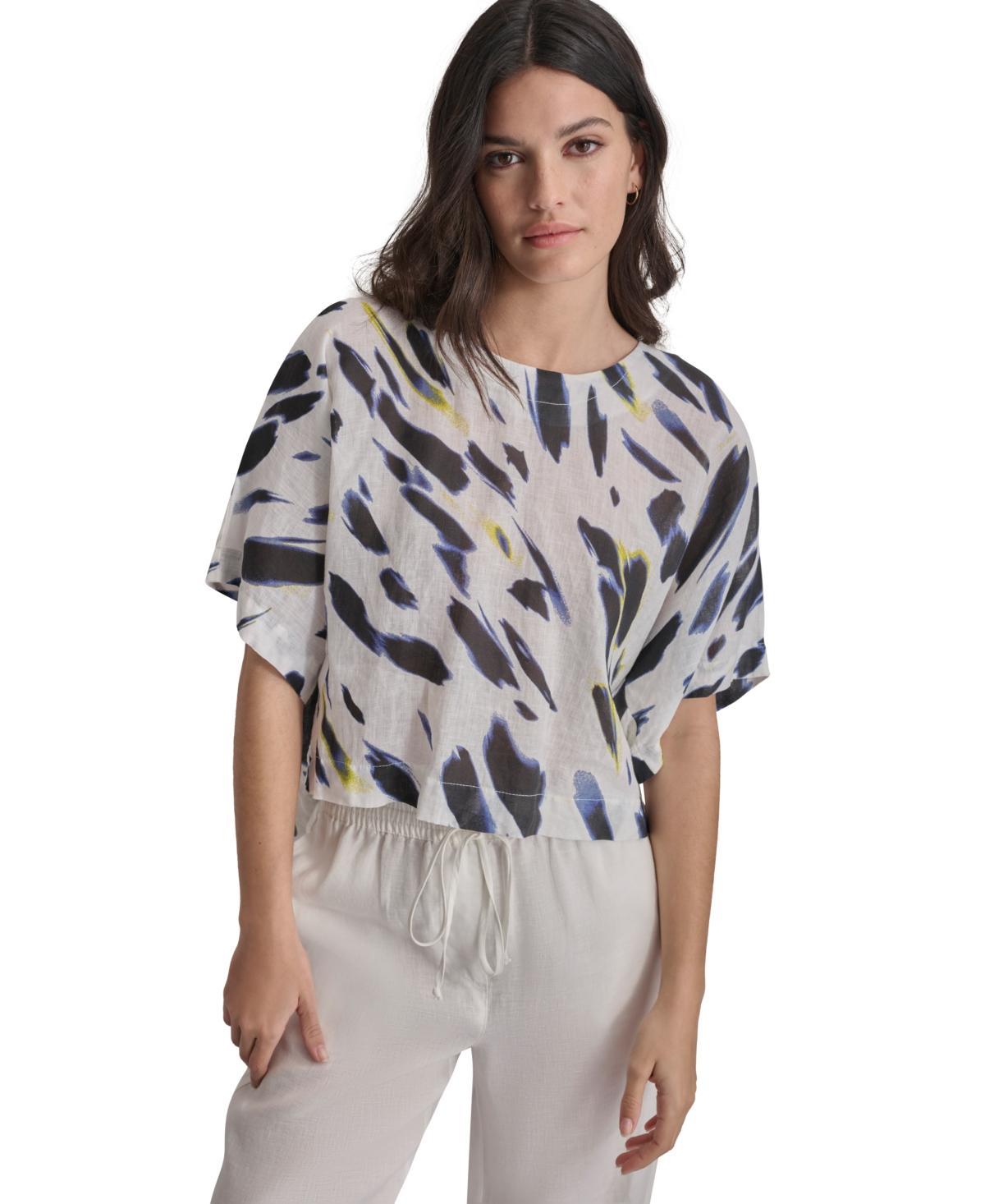 Dkny Womens Printed Linen Drop-Shoulder Short-Sleeve Crop Top - Fluo Ylw Product Image