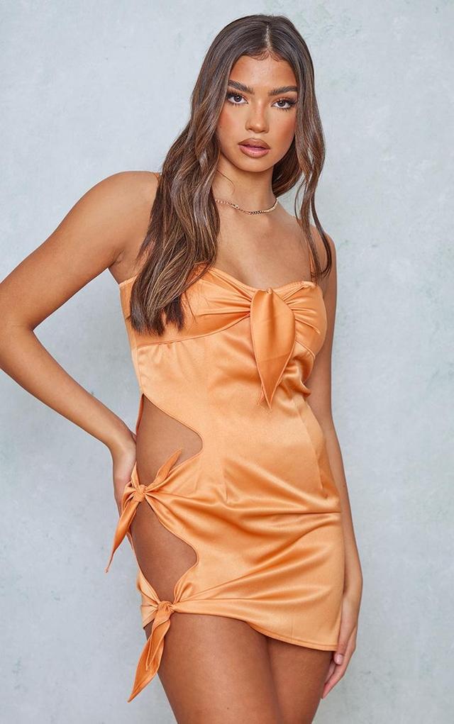 Orange Satin Tie Detail Cut Out Strappy Bodycon Dress Product Image