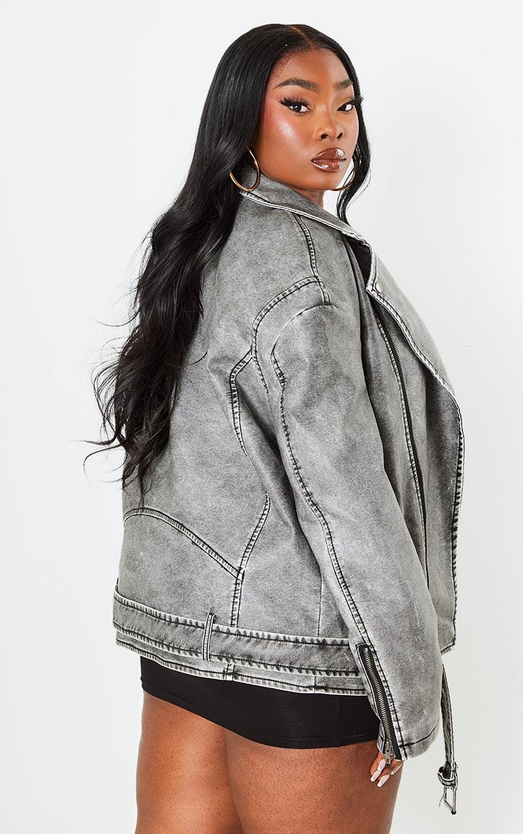 Plus Grey Distressed Look Faux Leather Longline Biker Jacket Product Image