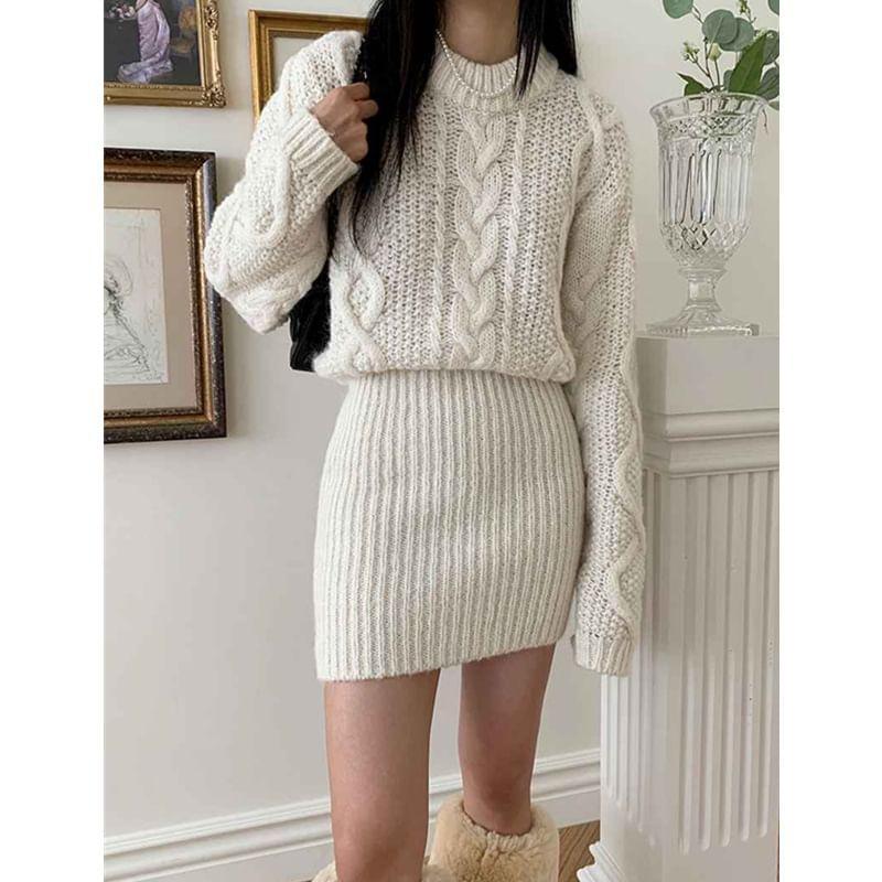 Long-Sleeve Crew Neck Plain Mini Cable Knit Sweater Dress Product Image