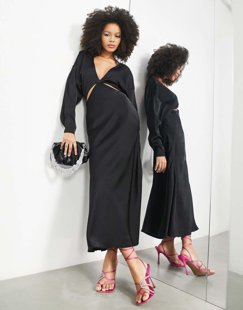 ASOS EDITION satin maxi dress with cut out detail in black Product Image