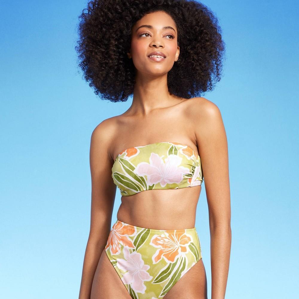 Womens Ribbed Hidden Underwire Bandeau Bikini Top - Shade & Shore Lime Floral Print Product Image