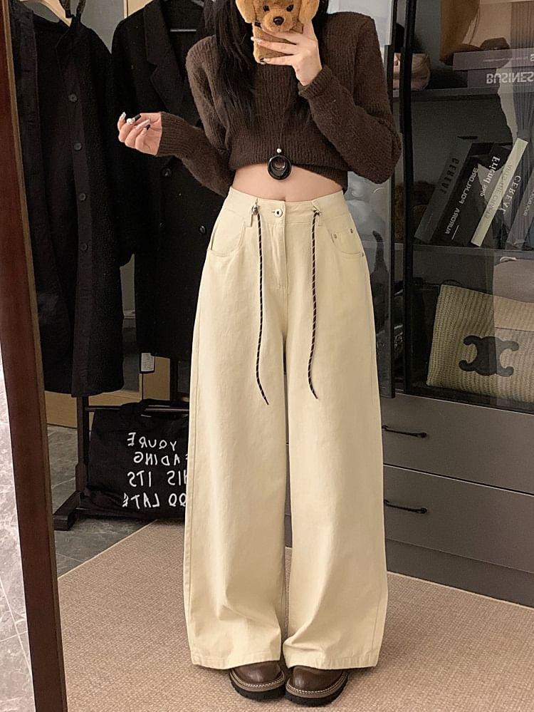 High Rise Plain Fleece-Lined Wide Leg Pants Product Image