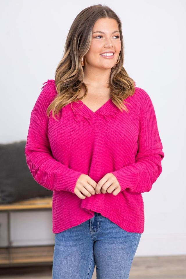 Hot Pink Hooded Sweater With Fringe Product Image