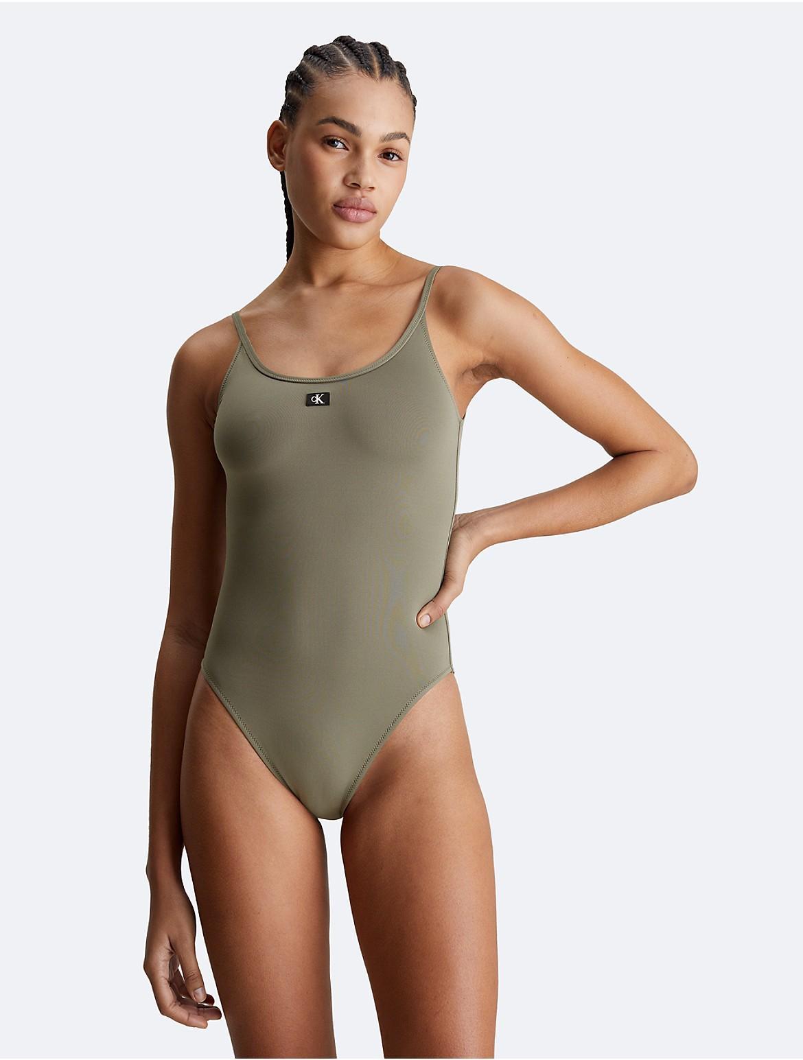 Calvin Klein Womens Monogram Logo Scoopneck One Piece Swimsuit - Green - L Product Image