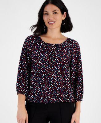 Petite Printed Shirred Scoop-Neck Top Product Image